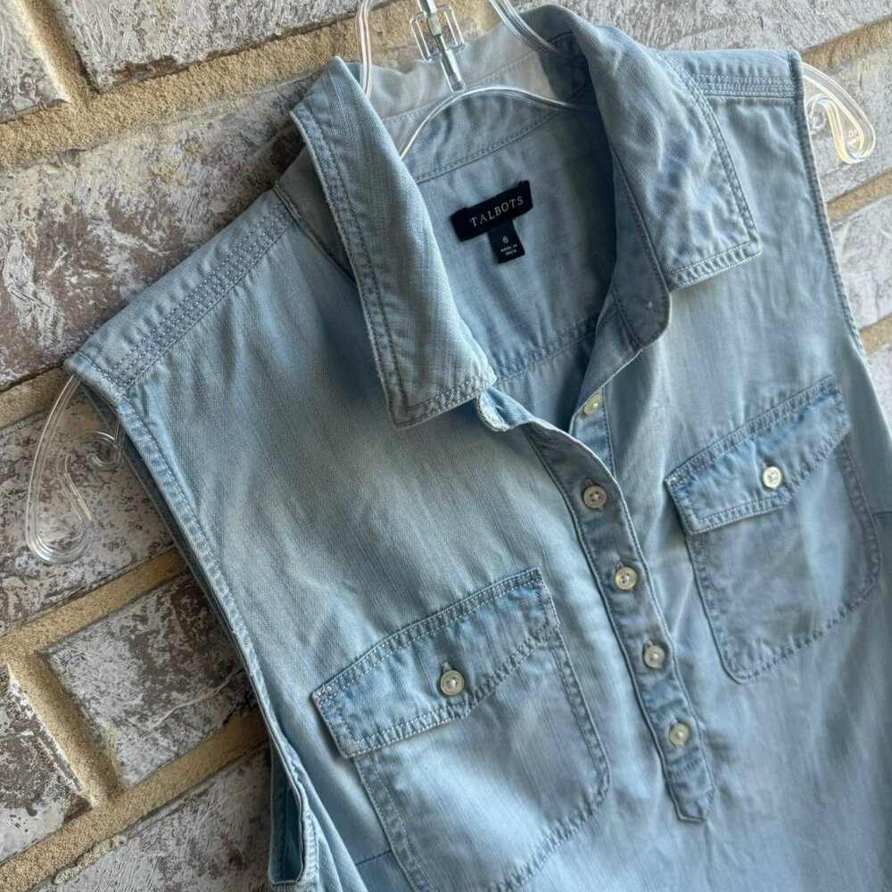 Talbots Sleeveless Half Button Collared Blue Deni… - image 5